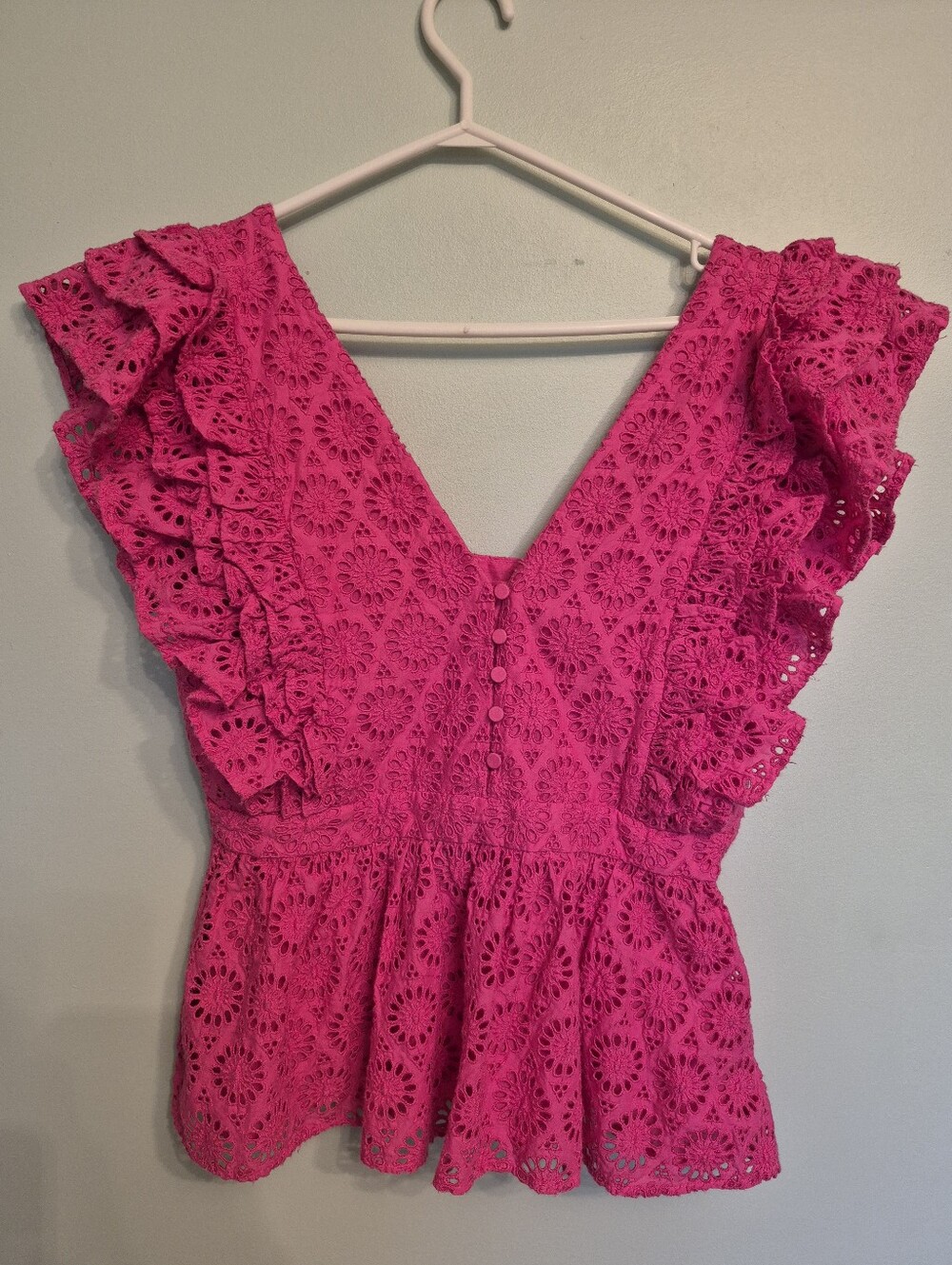 NWT JCrew Women's Boho Cottagecore Feminine Pink Eyelet Ruffle Blouse Size 8 - Picture 2 of 8